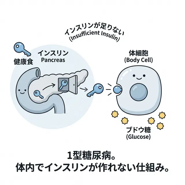 1型糖尿病のイメージ:インスリン不足のメカニズム