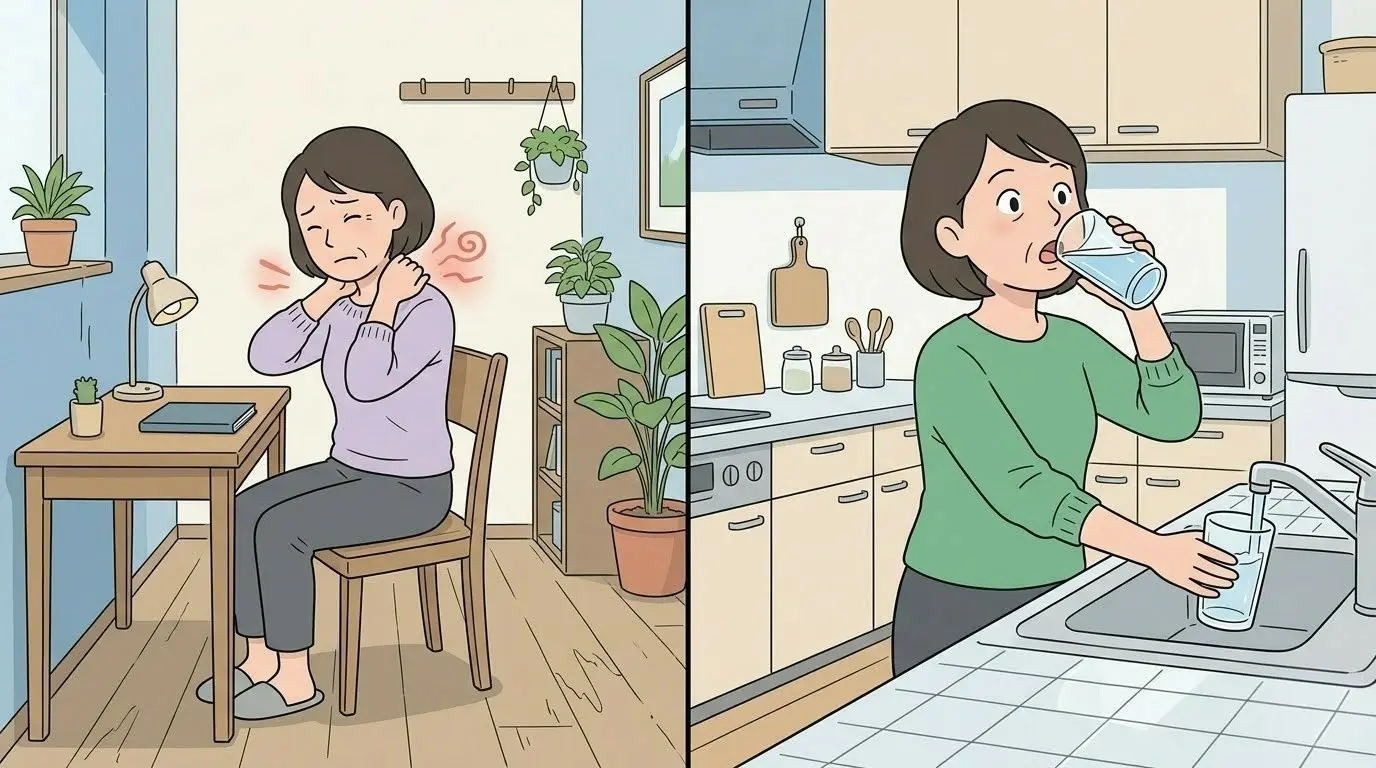 首すじの張りと、異常な喉の渇きがある女性のイメージ