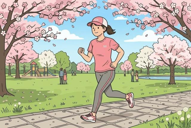 立川公園をランニングする女性
