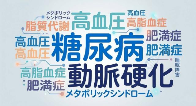 糖尿病、動脈硬化、メタボリックシンドローム、肥満症、高脂血症、睡眠障害、高血圧、脂質代謝異常のタイポグラフィアート
